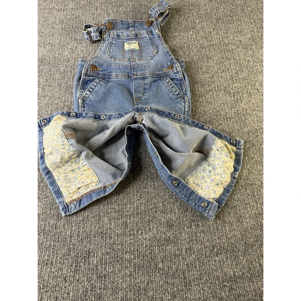 OshKosh B'gosh Baby Denim Overalls 12M Blue Snap Leg Floral‎ Cuff - Picture 4 of 10